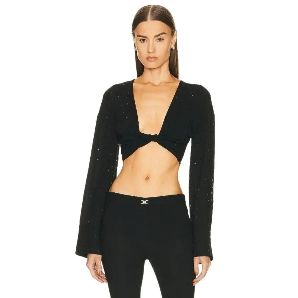 Blumarine Hot Fix Crystal Long Sleeve Crop Top in Nero Black 38 2 Womens Cropped